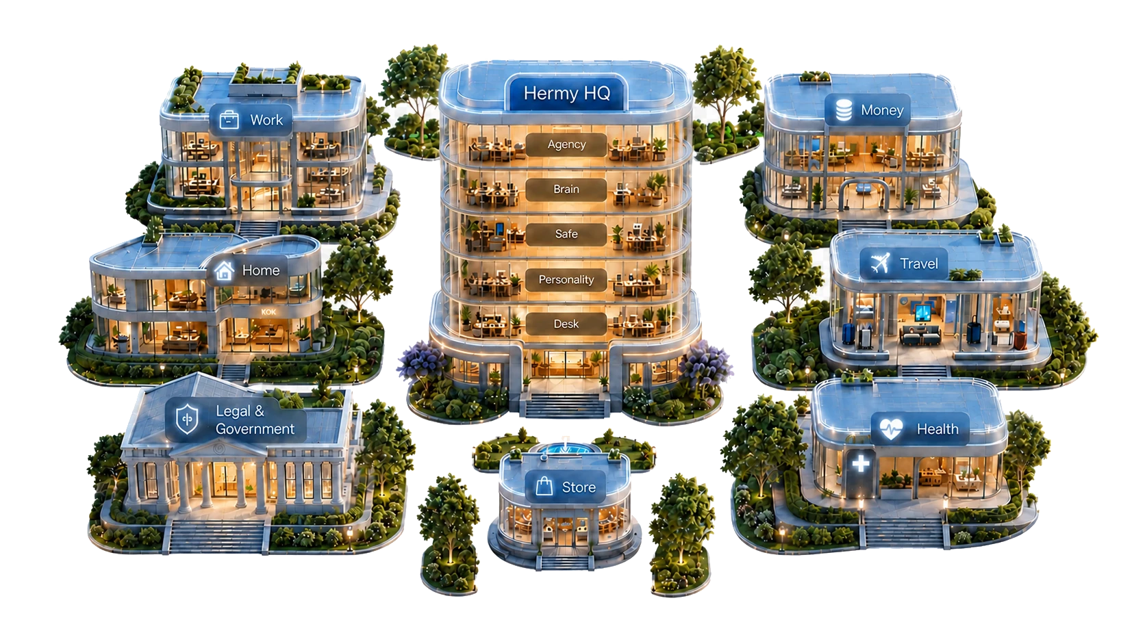 The Hermy Campus, with Hermy HQ and seven specialist buildings