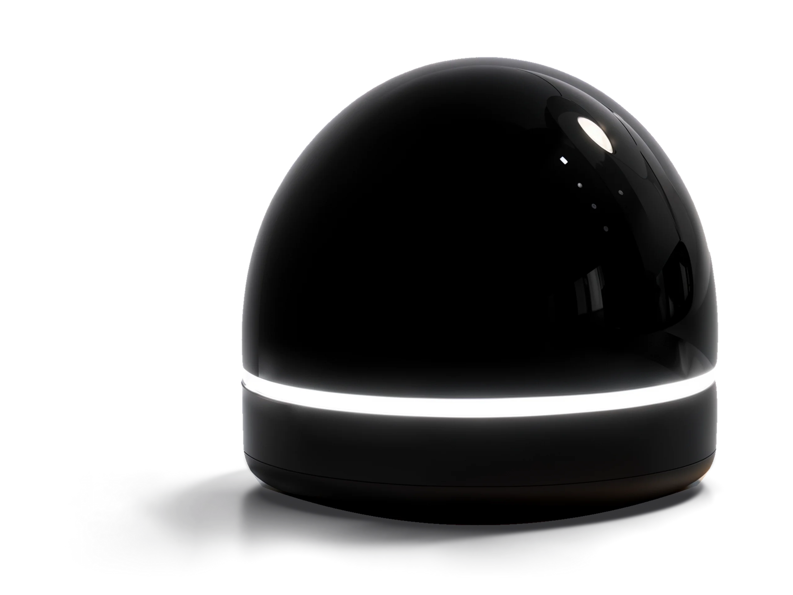 Hermy, a small glossy black robot with a glowing white light ring