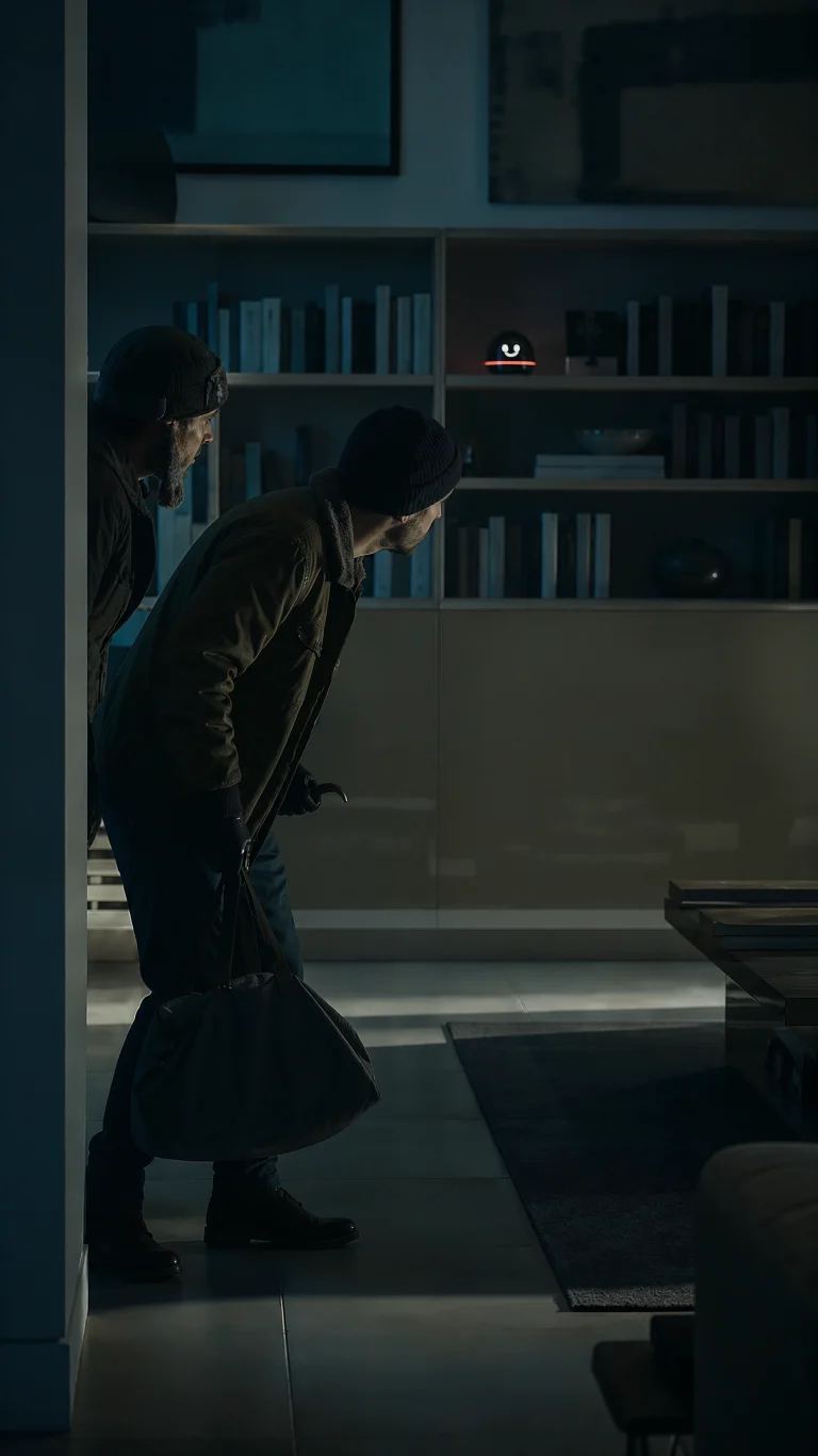 Hermy spots two burglars entering a dark living room