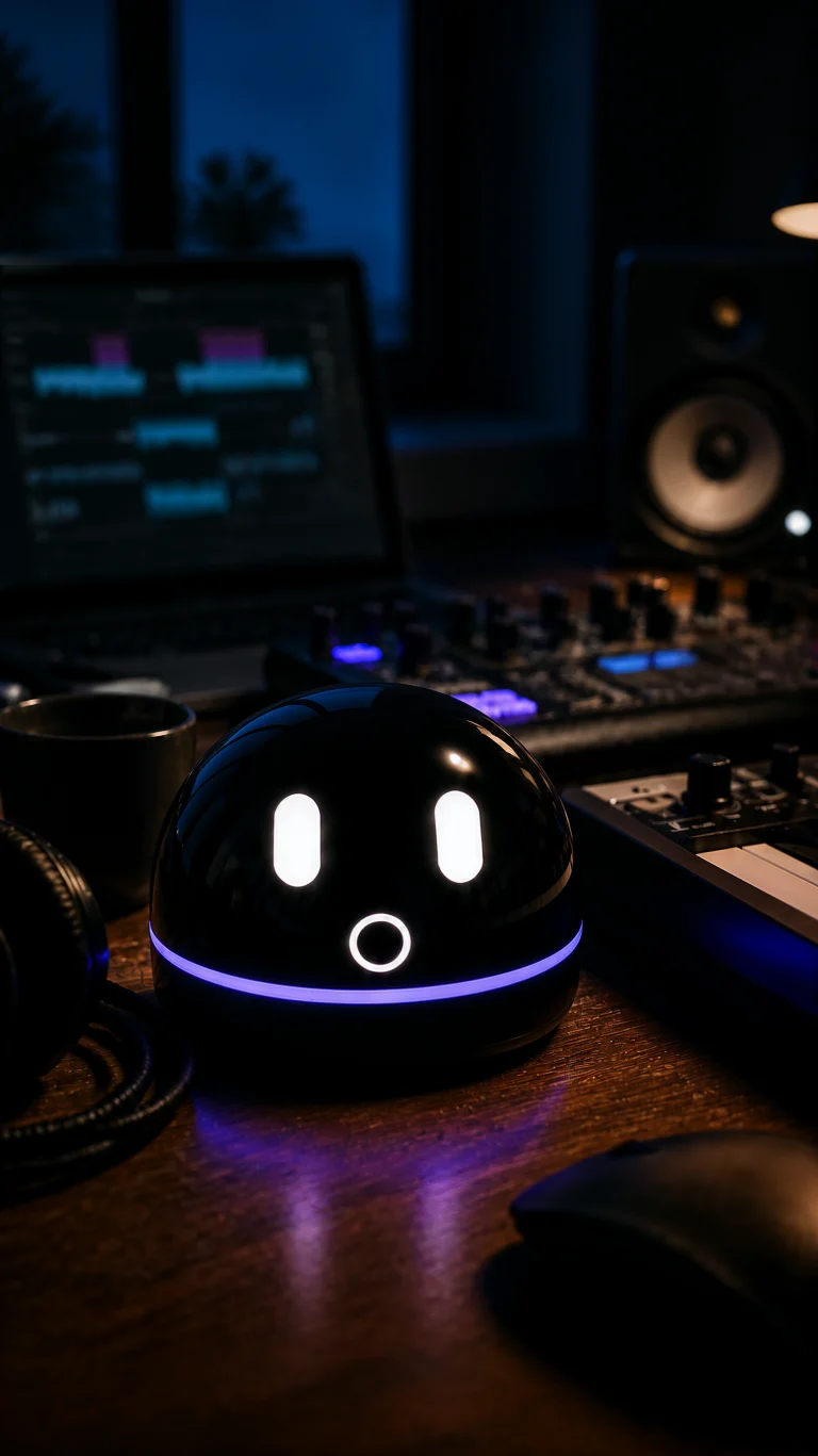Hermy helping make music on a studio desk