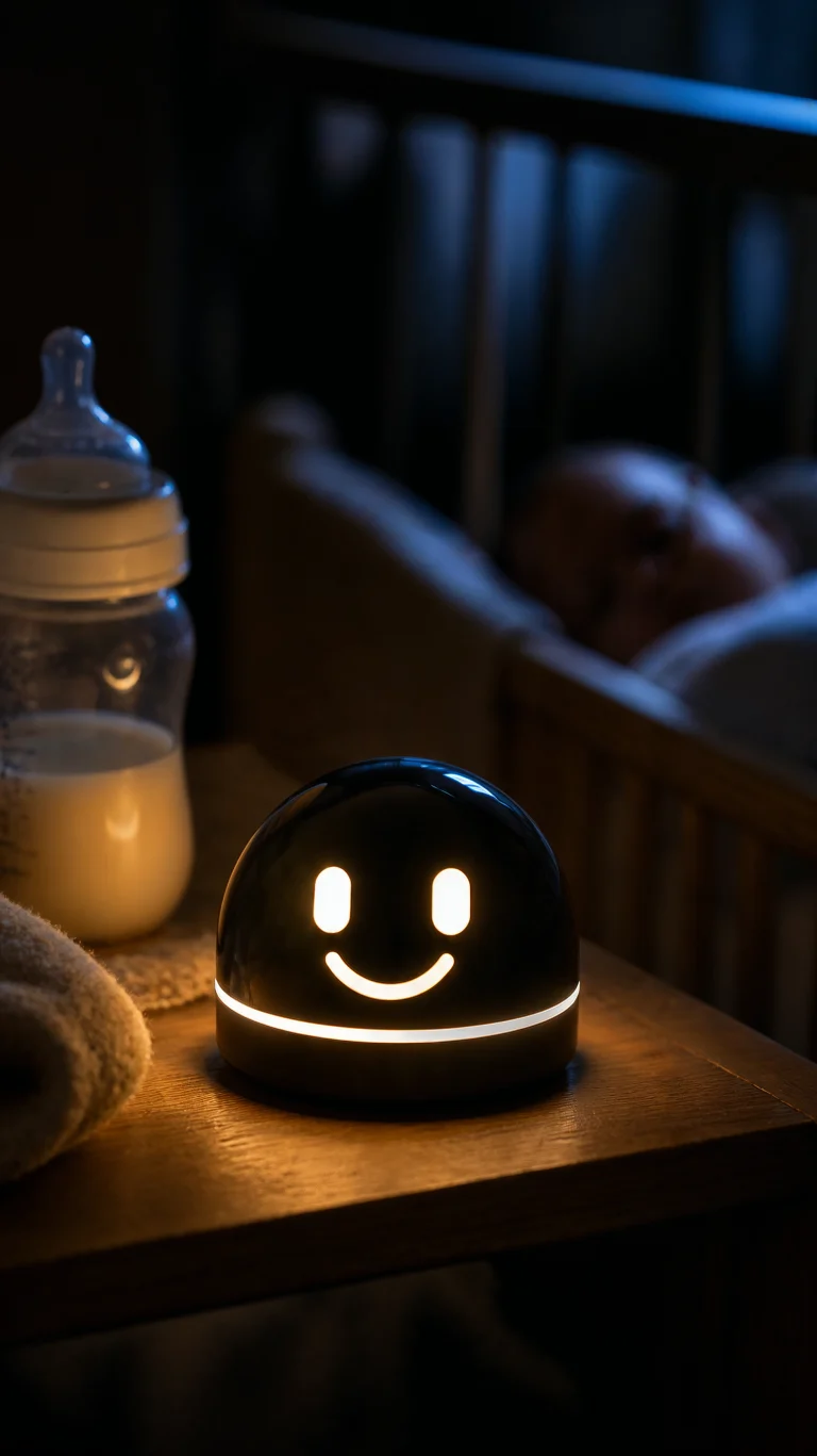 Hermy glowing gently beside a sleeping baby's crib