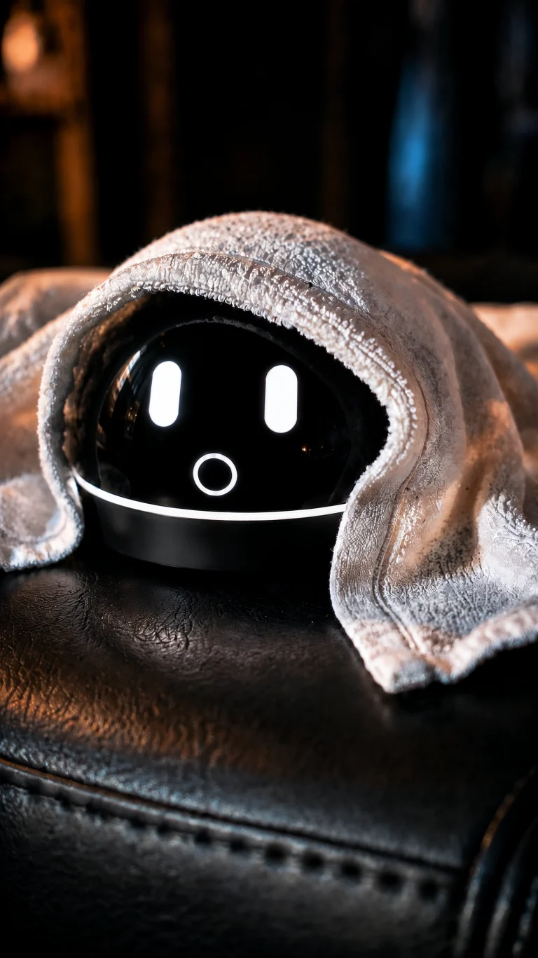 Hermy preparing for a robot fight beneath a towel